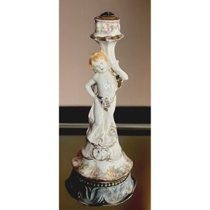 Vintage Figural Cherub Lamp Base White w Gold & Floral Details Porcelain Ceramic